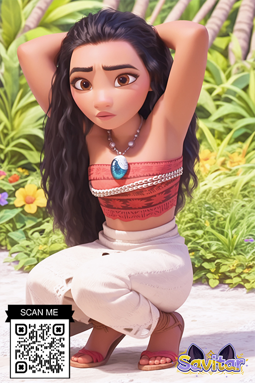 1girl aged_down ai_generated armpits arms_behind_head arms_up bare_shoulders barefoot black_hair bracelet breasts brown_eyes brown_hair closed_mouth clothing dark-skinned_female dark_skin day disney earrings feet female_only flower footwear forehead grass jewelry lips littlehentai long_hair long_skirt looking_at_viewer midriff moana_(disney) moana_waialiki navel necklace original outside pants plant sandals savitar savitar_(artist) shoes skirt small_breasts squatting strapless thick_eyebrows very_long_hair