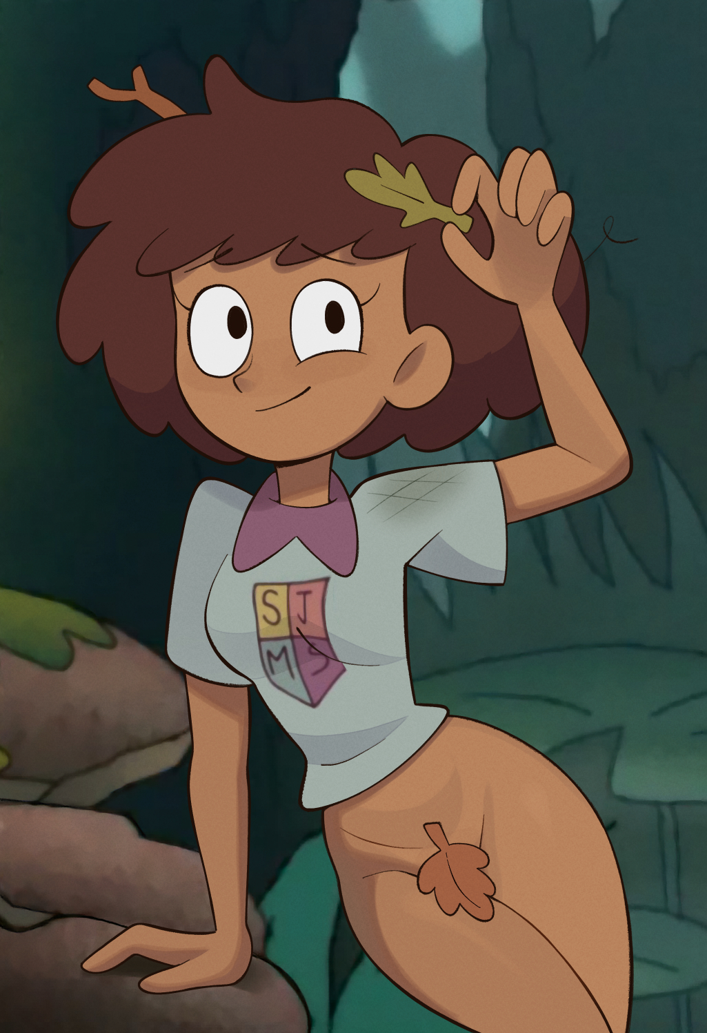 1girl amphibia anne_boonchuy bottomless brown_hair censored clothing dark-skinned_female dark_skin disney female_only human leaf_censor leaf_on_crotch looking_at_viewer newguy1091 no_pants shirt smile smiling smiling_at_viewer tagme thai