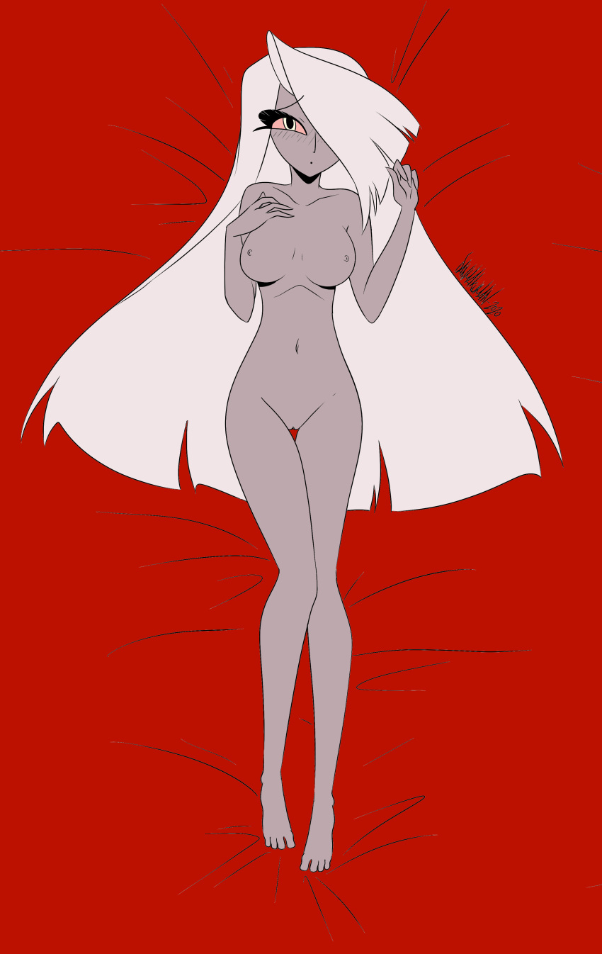 1_eye 1girl bed_sheet blush blushing_at_viewer breasts breasts colored dakimakura danmakuman edit edited feet female_only fingers grey_body grey_skin hands long_hair looking_at_viewer naked_female nose nude nude nude_female pussy red_background red_eyes shoulders shy stomach toes vaggie_(hazbin_hotel) white_hair
