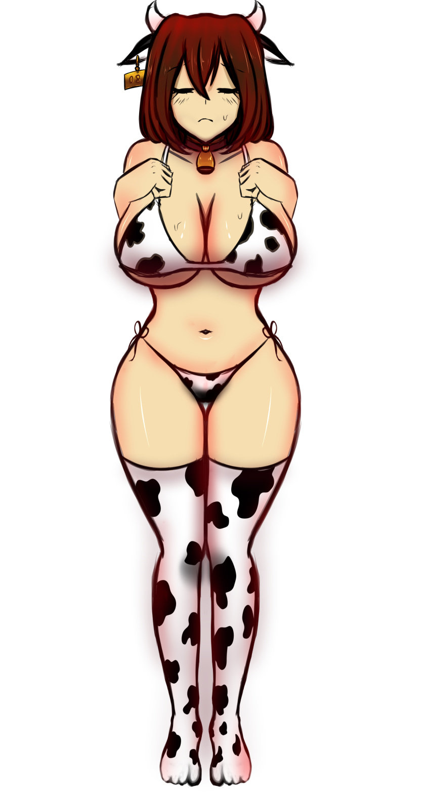 1girl 2d aged_up big_breasts bikini bikini_bottom bikini_top breasts brown_hair cleavage closed_eyes cow_bell cow_bikini cow_costume cow_ears cow_horns cow_print cow_print_bikini cow_print_stockings cow_print_thighhighs cowkini digital_media female female_human female_only frisk_(female)_(undertale) frisk_(undertale) full_body hands_on_breasts hands_on_own_breasts hourglass_figure human human_only legwear light-skinned_female light_skin short_hair solo_female stockings sweat thighhighs thighs underboob undertale undertale_(series) video_game_character video_games white_background yazuel_aliel year_of_the_ox