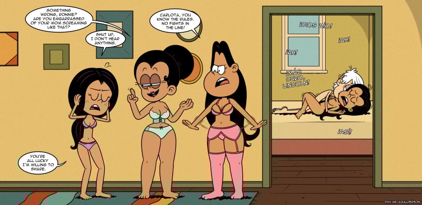 4girls adullperson age_difference aged_up belly black_hair bra breasts carlota_casagrande cleavage closed_eyes corset corset_bra cuckquean dialogue english_text frida_puga_casagrande garter_belt hair_bun hips in_line interracial latina latina_milf light-skinned_male lincoln_loud lingerie long_hair male maria_santiago midriff multiple_females multiple_girls nickelodeon older open_mouth panties queue ronnie_anne_santiago sharing size_difference spanish_text speech_bubble squint stockings straight_hair teasing text the_casagrandes the_loud_house thick_thighs thigh_highs thighs vaginal white_hair wide_hips