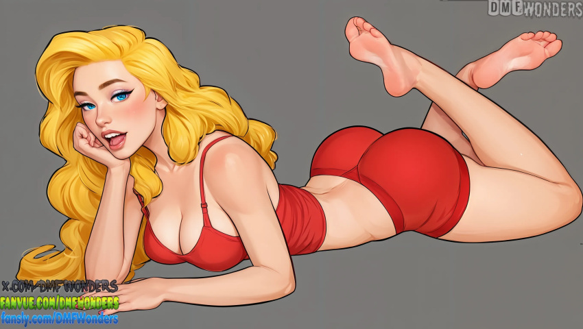 1girl 1girls ai ai_art ai_generated ass barefoot big_breasts blonde blonde_hair blonde_hair_female blue_eyes breasts butt_crack cleavage dmf_wonders fansly fanvue_username feet feet_up full_body grey_background legs lips long_hair looking_at_viewer lying makeup medium_breasts midriff on_stomach open_mouth original original_character red_shorts short_shorts shorts smile soles tank_top the_pose toes twitter_username wavy_hair x_username