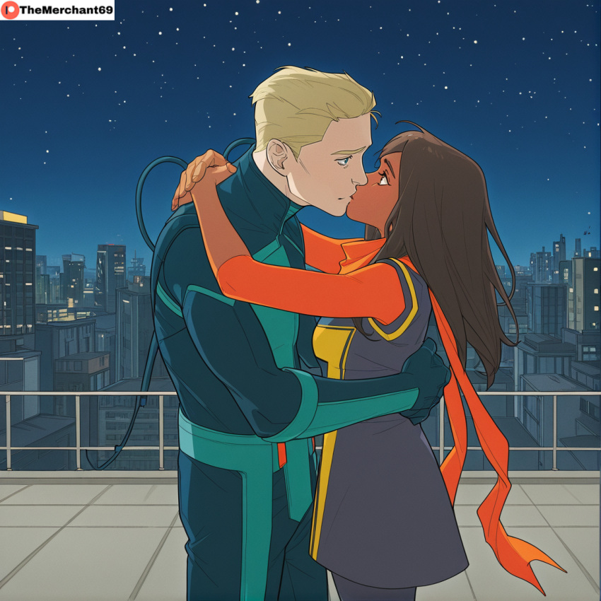 1boy 1boy1girl 1girl 1girl1boy ai_generated american american_male artist_name blonde_hair blonde_hair_male blue_eyes blue_eyes_male brown_eyes brown_eyes_female brown_hair brown_skin brown_skinned_female building buildings dark-skinned_female discord_(marvel) embrace embracing embracing_each_other interracial joshua_richardson kamala_khan kissing light-skinned_male light_skin lights looking looking_at_another looking_at_partner love male male/female marvel marvel_comics ms._marvel_(kamala_khan) muslim muslim_female night night_sky older older_female pakistani pakistani_female railing rooftop scarf starry_sky stars superhero superheroine themerchant69 young_adult young_adult_female young_adult_woman