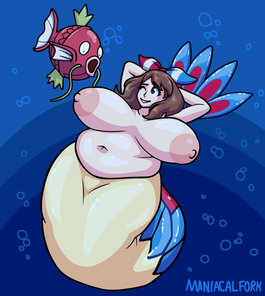 1girl 2019 5_fingers alternate_species ambiguous_feral ambiguous_gender areola barbel_(anatomy) belly big_areola big_breasts black_markings blue_background blue_body blue_kerchief blue_scales blue_tail blue_text breasts brown_eyes brown_hair bubble closed_eyes colored cypriniform digital_drawing_(artwork) digital_media_(artwork) dipstick_tail duo english_description eyelashes female female_focus feral fin fingers fish front_view full-length_portrait generation_1_pokemon generation_3_pokemon glistening glistening_body glistening_scales glistening_skin hair happy high_res human kerchief larger_female larger_taur light_body light_skin lips looking_at_viewer magikarp mammal maniacalfork marine markings may_(pokemon) merfolk mermaid_tail mermay milotic navel nintendo nipples nude nude_female one_eye_closed open_mouth open_smile overweight overweight_female overweight_taur pink_areola pink_lips pink_nipples pokemon pokemon_(species) portrait pupils red_body red_kerchief red_markings red_scales scales shaded simple_background size_difference smaller_ambiguous smaller_feral smile smiling_at_another solo_focus split_form tail tail_fin tail_markings tan_body tan_scales tan_tail taur text three-quarter_view underwater water wink winking_at_viewer