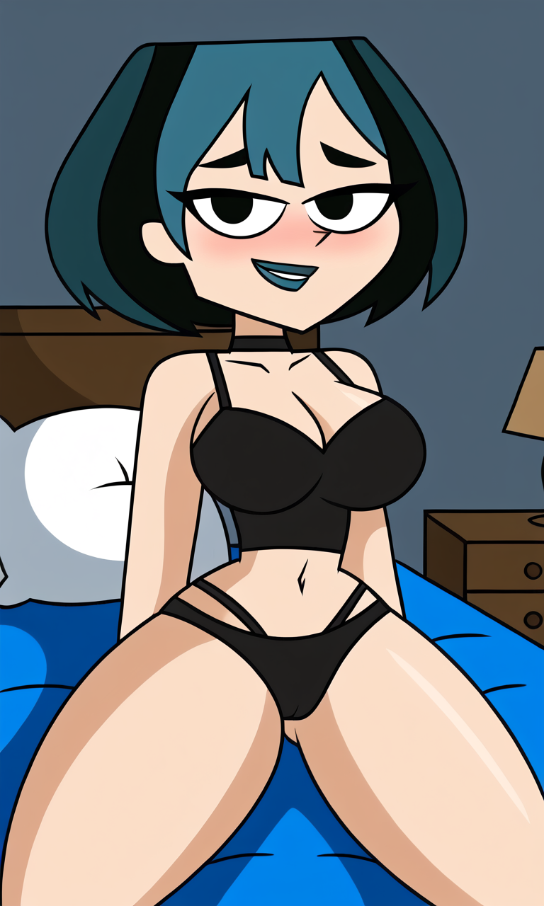 1girl 1girl 1girl ai_generated bed bedroom big_breasts black_eyes blush breasts cartoon_network choker curvy curvy_hips goth goth_girl gothic gwen_(tdi) indoors lamp lingerie lipstick multicolored_hair nightstand pillow pixai self_upload sitting sitting_on_bed smile solo_female solo_focus superdomfuta thick_thighs total_drama_(series) total_drama_island voluptuous