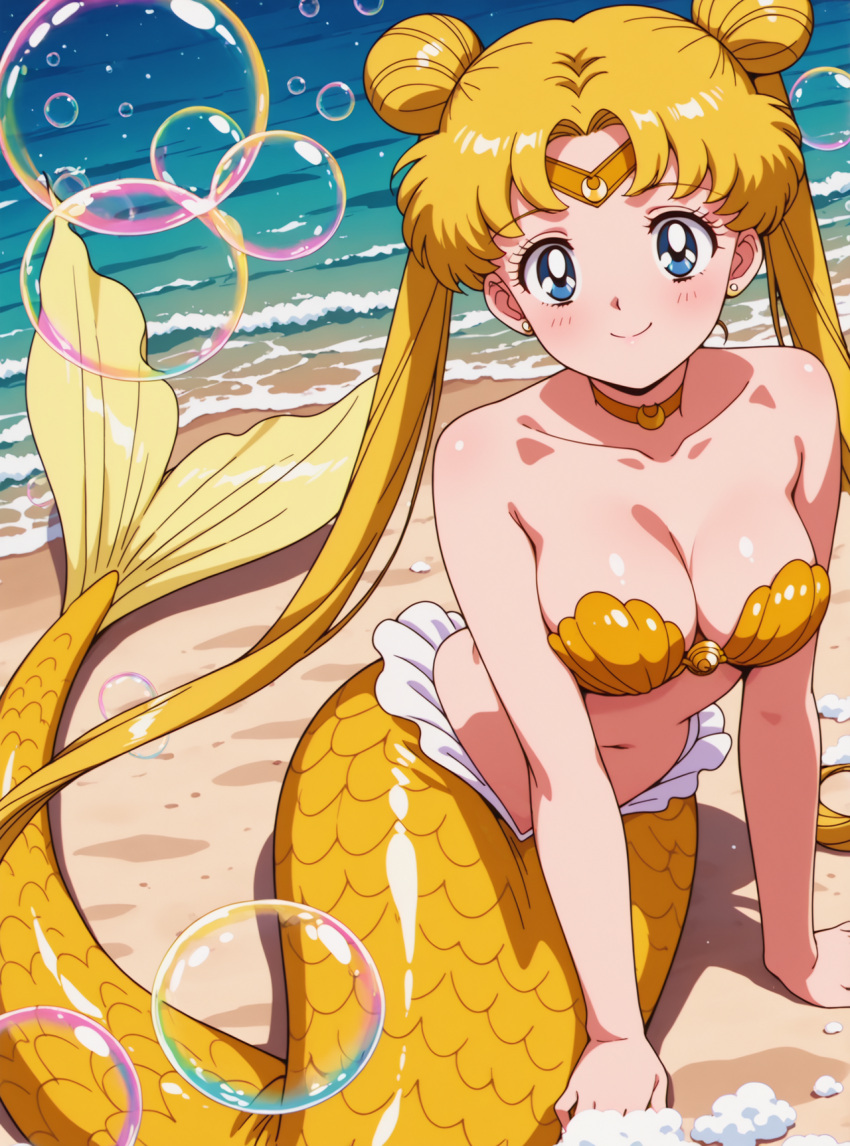1girl accurate_art_style adult_swim alluring beach big_breasts bishoujo_senshi_sailor_moon bishoujo_senshi_sailor_moon_r bishoujo_senshi_sailor_moon_r_the_movie bishoujo_senshi_sailor_moon_s bishoujo_senshi_sailor_moon_s_the_movie bishoujo_senshi_sailor_moon_supers bishoujo_senshi_sailor_moon_supers_the_movie blonde_hair blue_eyes merfolk mermaid nightcore_(artist) ocean on_sand sand seashell_bikini seashell_bra toei_animation toonami usagi_tsukino