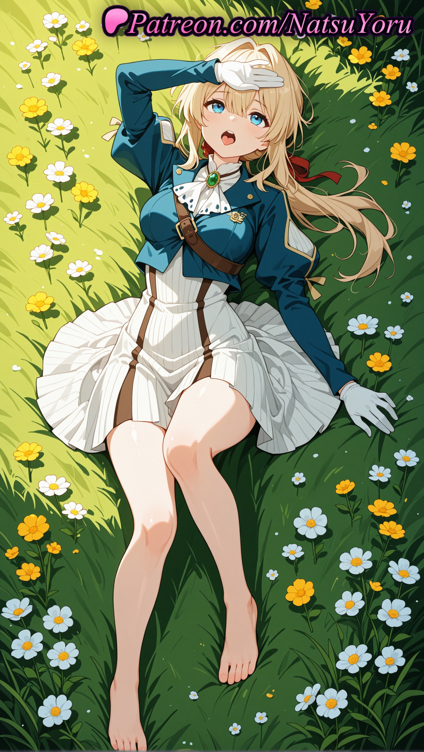 1girl 1girls 2025 ai ai_assisted ai_generated anime anime_style arm_up ascot asian bangs bare_legs barefoot big_breasts blonde_hair blue_eyes blue_jacket blush bolo_tie bow braid breasts brooch bust collar cropped_jacket daisy dress feet female_focus female_only field flower flower_field flowers foot_fetish from_above full_body gem gloves grass green_gemstone hair_between_eyes hair_intakes hair_ribbon hair_ribbons hand_on_forehead hand_on_own_forehead hand_on_own_head hand_up hentai high_quality high_res high_resolution jacket jewelry juliet_sleeves knee_up knees_together_feet_apart lapel_pin lapels legs long_hair long_sleeves looking_at_viewer looking_up lying medium_breasts natsuyoru notched_lapels on_back on_grass on_ground open_mouth orange_flower outside patreon ponytail puffy_sleeves red_ribbon ribbon shading_eyes short_dress sitting skirt solo_female stable_diffusion teeth thighs toenails toes tongue upper_teeth_only violet_evergarden violet_evergarden_(character) voluptuous voluptuous_female white_ascot white_dress white_flower white_gloves white_skirt yellow_flower