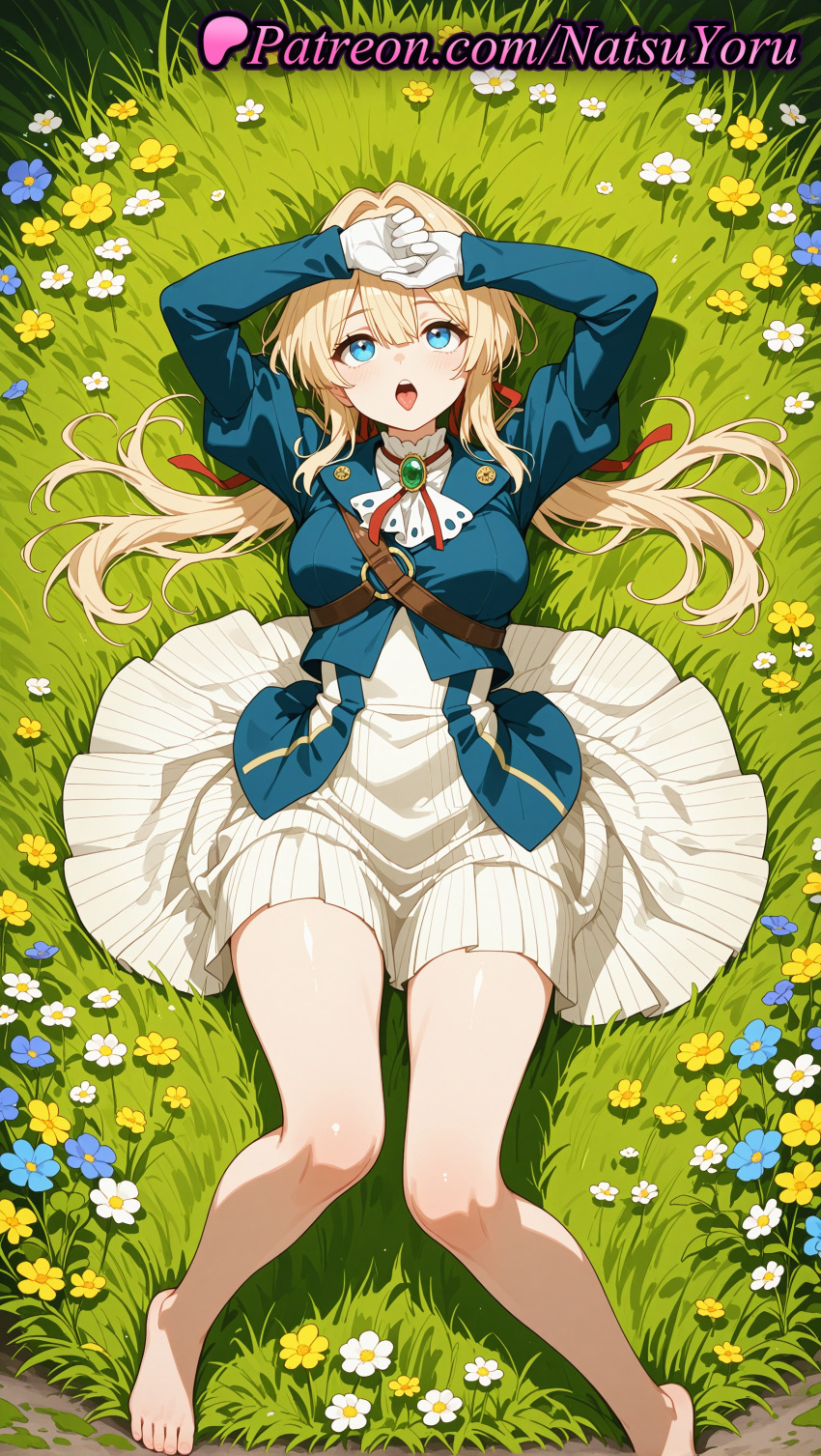 1girl 1girls 2025 ai ai_assisted ai_generated anime anime_style arms_up ascot asian bangs bare_legs barefoot belt big_breasts blonde_hair blouse blue_eyes blue_flower blue_jacket blush bolo_tie bow breasts brooch bust cropped_jacket daisy dress feet female_focus female_only field flower flower_field flowers foot_fetish foot_out_of_frame from_above full_body gem gloves grass green_gemstone hair_between_eyes hair_intakes hair_ribbon hair_ribbons hair_spread_out hentai high_quality high_res high_resolution jacket jewelry juliet_sleeves knees_together_feet_apart legs long_hair long_sleeves looking_at_viewer looking_up low_twintails lying makeup medium_breasts natsuyoru neck_ribbon on_back on_grass on_ground open_mouth outside own_hands_together patreon puffy_sleeves red_ribbon ribbon skirt smile solo_female stable_diffusion teeth thighs toenails toes tongue tongue_out twin_tails upper_teeth_only violet_evergarden violet_evergarden_(character) voluptuous voluptuous_female white_ascot white_dress white_flower white_gloves white_skirt yellow_flower