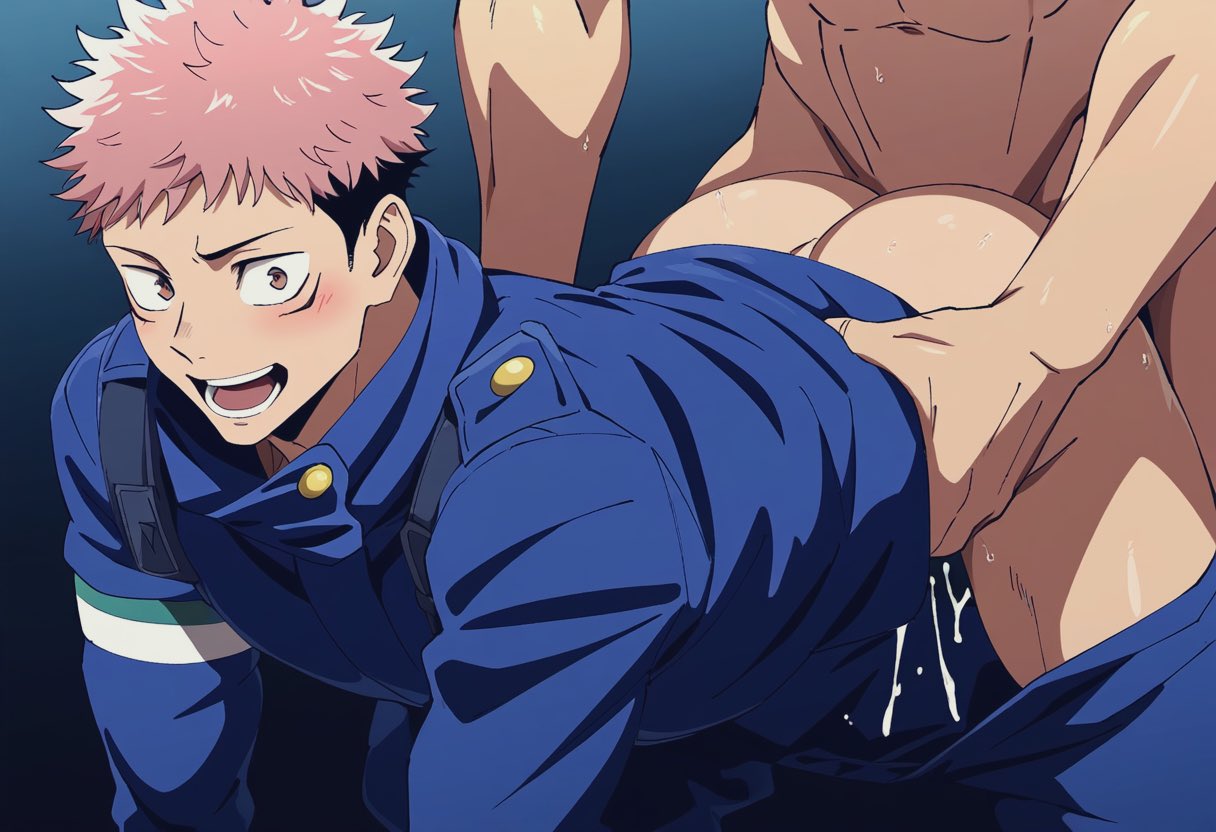 2boys ai_generated anal_sex ass blush bubble_ass bubble_butt cum doggy_position gay_sex grabbing_ass grabbing_from_behind itadori_yuuji jujutsu_kaisen male male/male muscular muscular_male pink_hair police_uniform yaoi