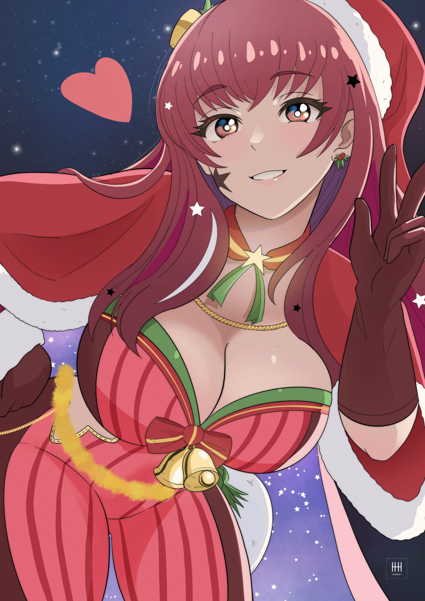1girl 1girl 1girl absurd_res alluring alternate_costume ass_visible_through_thighs big_breasts blue_cape bodysuit cape christmas cleavage facial_mark female_only fire_emblem fire_emblem_engage fire_emblem_heroes hair_ornament hat heart high_res ihsnet intelligent_systems leaning_forward multicolored_cape multicolored_clothes nintendo official_alternate_costume red_cape red_hair santa_hat star_(symbol) star_facial_mark star_hair_ornament w yunaka_(fire_emblem)
