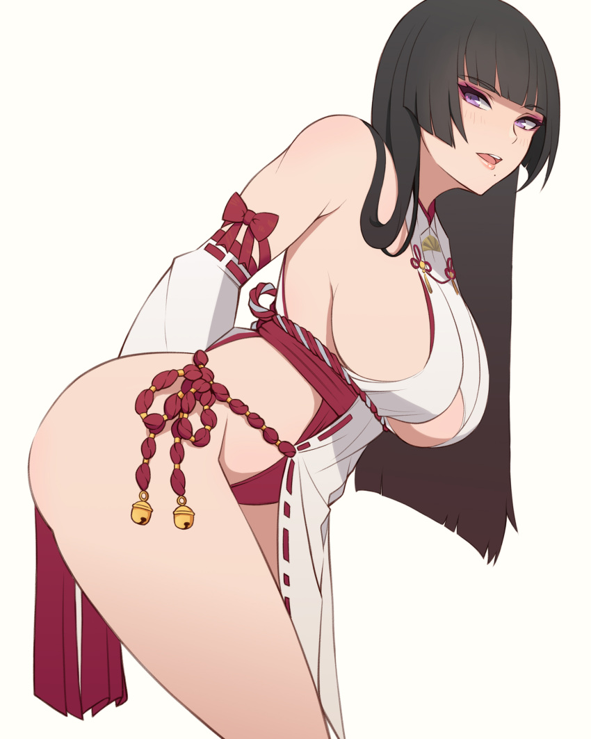 1girl 1girl absurd_res alluring ass bare_shoulders big_breasts black_hair cleavage commentary cowboy_shot dead_or_alive dead_or_alive_6 dead_or_alive_xtreme_venus_vacation detached_sleeves grey_background high_res konishiki_(52siki) long_hair nontraditional_miko nyotengu purple_eyes sideboob simple_background standing symbol-only_commentary tecmo