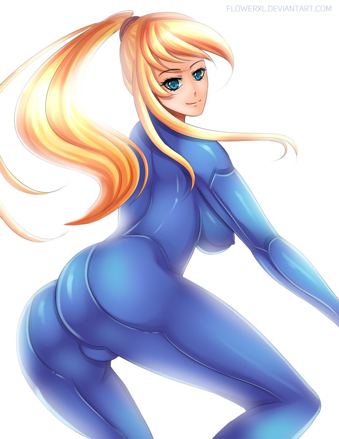 1girl 1girl artist_logo ass big_breasts blonde_hair blue_eyes blue_suit breasts covered_erect_nipples female_focus flowerxl formal_clothes logo long_hair looking_at_viewer metroid nintendo red_ribbon ribbon samus_aran simple_background smile suit thighs watermark web_address white_background zero_suit