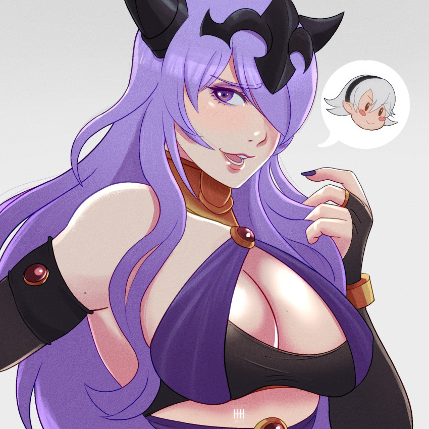 1girl 2_girls alluring alternate_costume big_breasts camilla_(fire_emblem) cleavage corrin_(fire_emblem) corrin_(fire_emblem)_(female) cosplay dancer dorothea_arnault_(cosplay) dorothea_arnault_(plegian)_(cosplay) fire_emblem fire_emblem_fates fire_emblem_heroes hair_over_one_eye ihsnet intelligent_systems lavender_eyes lavender_hair lips long_hair looking_at_viewer nail_polish nintendo open_mouth plegian purple_nails smile solo_female solo_focus speech_bubble upper_body wavy_hair