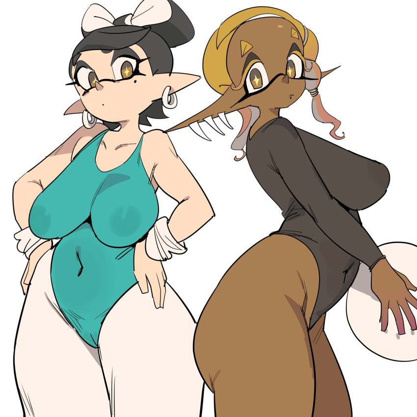 1girl 2_girls alternate_breast_size beauty_mark big_ass big_breasts big_breasts black_hair breasts callie_(splatoon) cleavage dark-skinned_female dark_skin domino_mask ear_piercing facial_markings frye_(splatoon) highleg_leotard huge_ass huge_breasts inkling leotard light-skinned_female light_skin looking_at_viewer mole_under_eye nintendo short_hair splatoon splatoon_(series) splatoon_3 symbol-shaped_pupils tentacle_hair thick_thighs tight_clothing tights wide_hips yellow_eyes yuta_agc