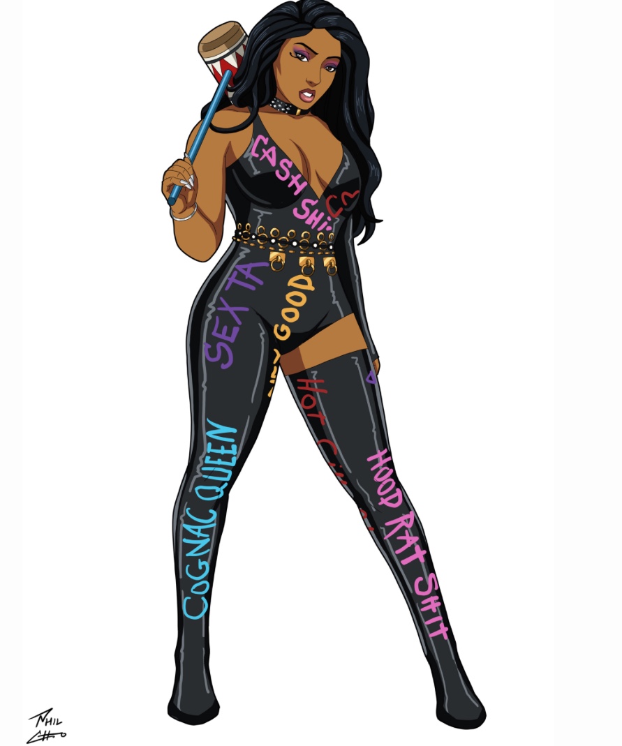 1girl alluring artist_name big_breasts bitch black_female black_hair bodysuit bracelet breasts celeb choker cleavage clothe curvy dark-skinned_female dark_hair dark_skin eyelashes eyeshadow female_only full_lips hammer high_res holding_weapon legs lipstick long_fingernails looking_at_viewer megan_thee_stallion milf musician non-nude phil_cho posing real_person sexy slut standing stockings text thick thick_thighs tight_clothing toned white_background whore wide_hips