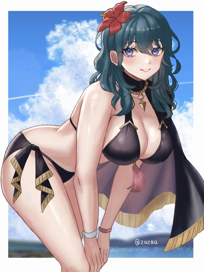 1girl alluring big_breasts blue_eyes byleth_(fire_emblem) byleth_(fire_emblem)_(female) cleavage female_only fire_emblem fire_emblem:_three_houses human intelligent_systems nintendo tagme teal_hair white_skin zqzbq