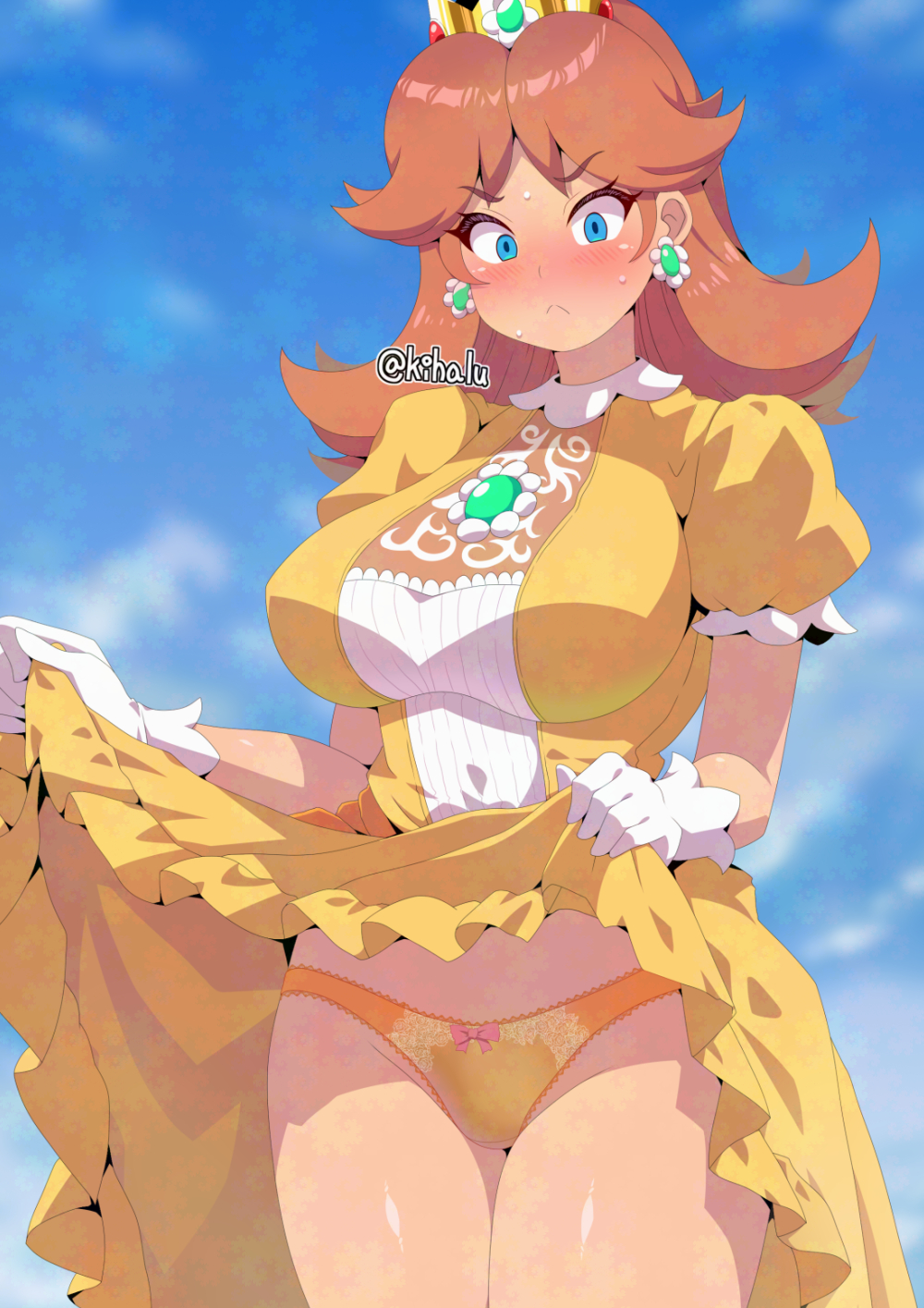 1girl angry big_breasts blue_background blue_eyes blush bow bow_panties breasts brown_hair constricted_pupils crown dress dress_lift dress_lifted_by_self earrings female_focus flower_earrings high_res jewelry kihaiu long_hair mario_(series) nintendo nipples nose_blush open_mouth panties princess_daisy puffy_short_sleeves puffy_sleeves short_sleeves thighs tongue torn_clothes underwear upskirt yellow_dress yellow_panties