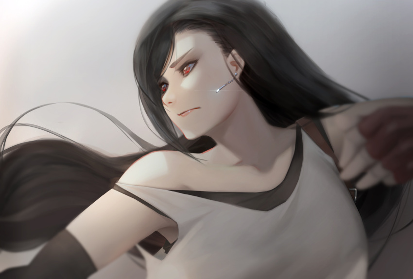 1girl armpits bangs bare_shoulders big_breasts black_hair breasts closed_mouth depth_of_field earrings female_only female_solo fighting_stance final_fantasy final_fantasy_vii final_fantasy_vii_remake fingerless_gloves floating_hair gloves gray_bear jewelry long_hair looking_to_the_side neck off_shoulder red_eyes red_gloves serious square_enix straight_hair swept_bangs tank_top tifa_lockhart upper_body very_long_hair white_tank_top