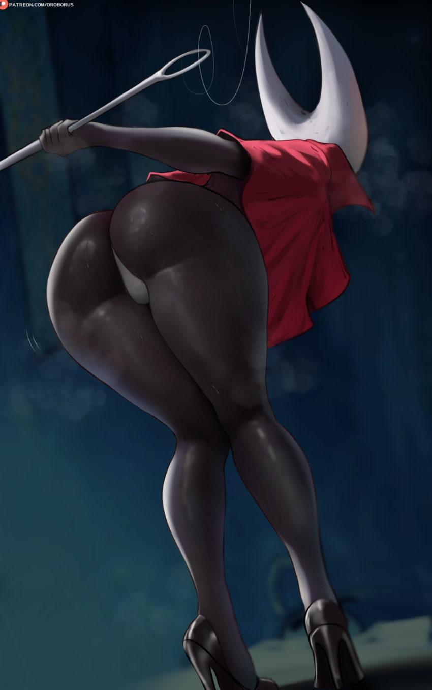 1girl bent_over big_breasts black_eyes bubble_butt cleavage dark-skinned_female doggy_position hollow_knight hollow_knight:_silksong hollow_knight_(franchise) hornet_(hollow_knight) horny inviting_to_sex oroborus pose silksong standing team_cherry teasing thick_thighs vessel_(species)