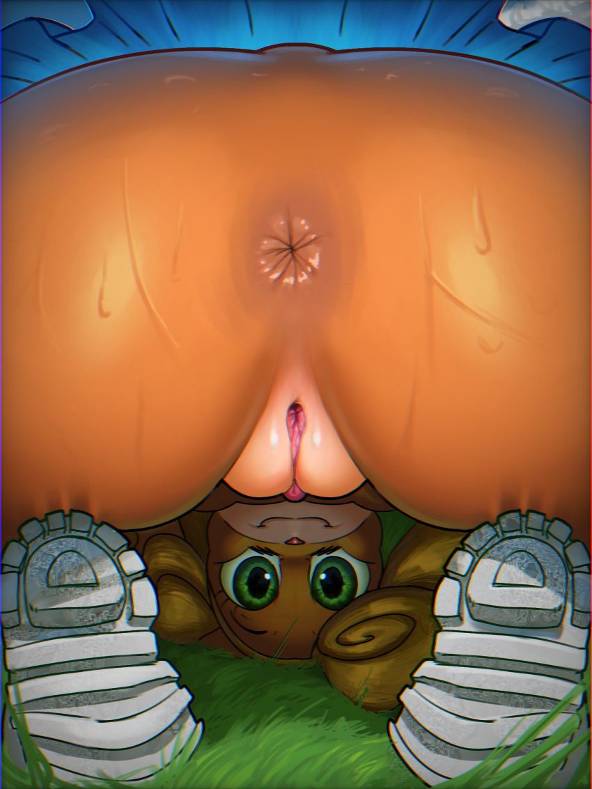 1girl 3:4 absurd_res activision anthro anus ass bandicoot blonde_hair bodily_fluids clothed clothing coco_bandicoot crash_bandicoot_(series) digital_media_(artwork) female fur genitals green_eyes hair high_res kranson long_hair looking_at_viewer mammal marsupial nude orange_body orange_fur pussy simple_background smile solo spread_legs spreading sweat sweaty_butt tail