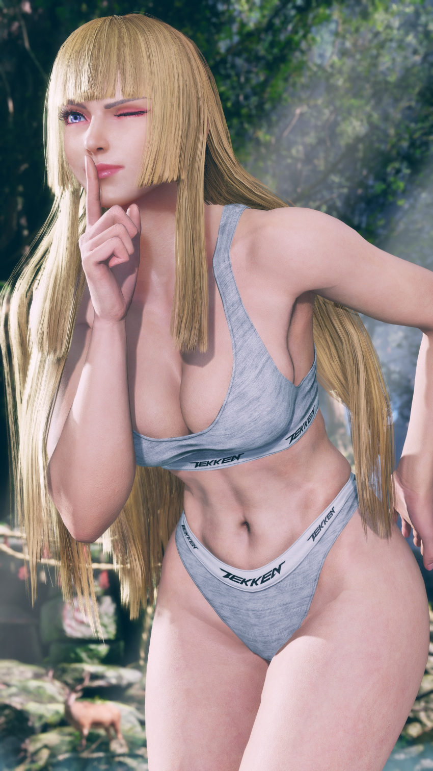 1girl abs alluring athletic_female big_breasts blonde_hair brand_name calvin_klein cleavage curvy emilie_de_rochefort female_abs fit_female gameplay_screenshot hand_on_hip hime_cut long_hair mod namco omegaxsmash panties pin_up purple_eyes sports_bra sportswear taller_female teasing tekken tekken_7 tekken_8 tekken_tag_tournament_2 thighs underwear_only white_skin wink
