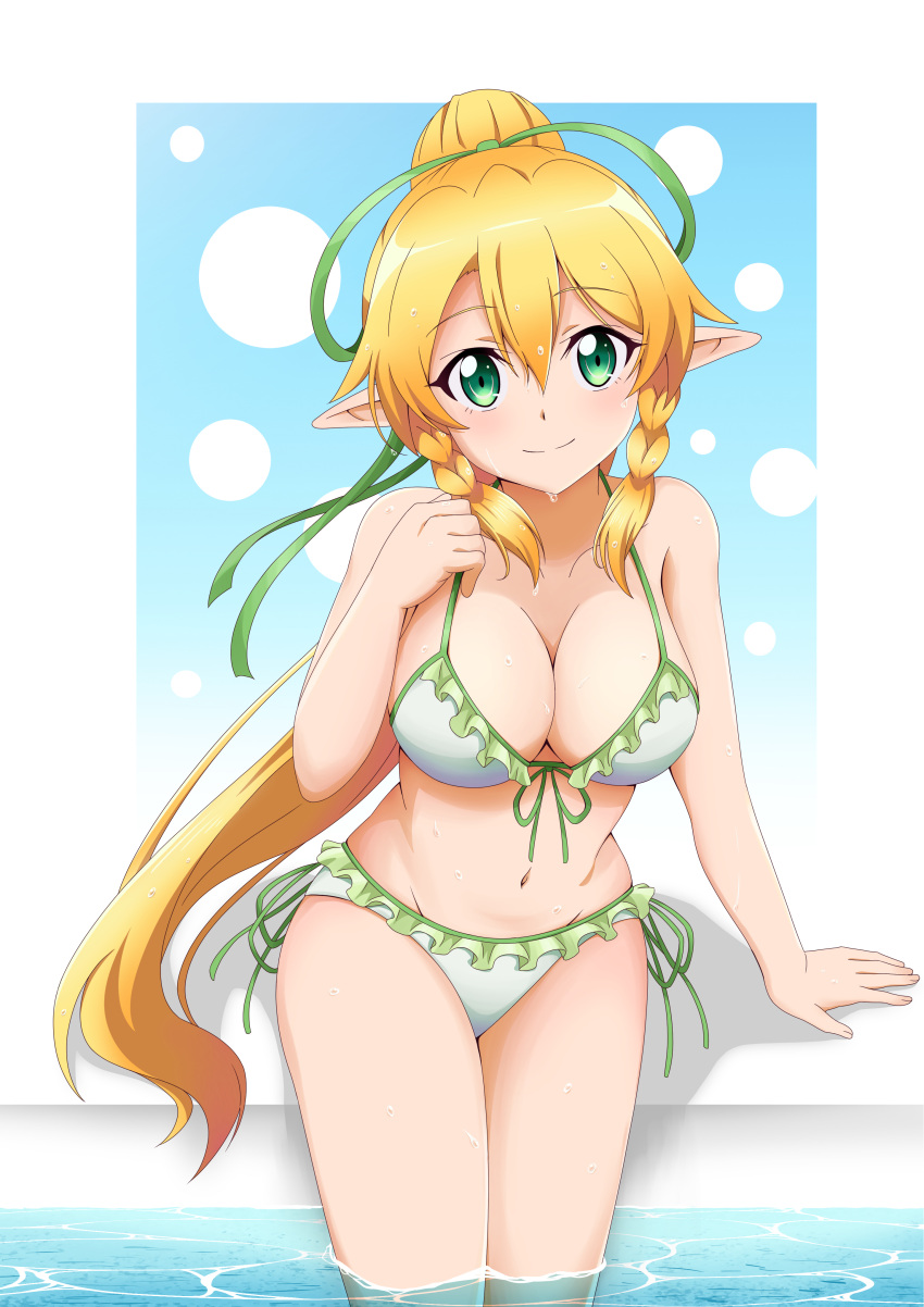 1girl absurd_res alluring big_breasts bikini blonde_hair blush braid cleavage elf frilled_bikini frills green_eyes high_res ken-ji leafa looking_at_viewer navel partially_submerged pointy_ears ponytail pool sitting smile swimming_pool swimsuit sword_art_online twin_braids wet white_bikini