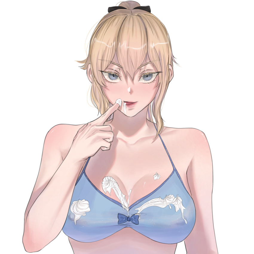 1girl alluring artbyayu bikini blonde_hair blue_eyes genshin_impact jean_gunnhildr licking_fingers whipped_cream