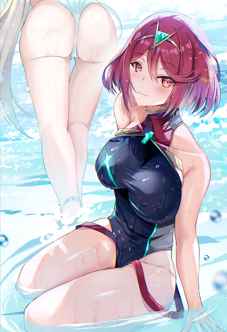 2girls alluring ass bare_arms bare_shoulders big_breasts blonde_hair blush closed_mouth collarbone core_crystal inoue_takuya long_hair looking_at_viewer multiple_girls mythra_(xenoblade) pyra_(xenoblade) red_eyes red_hair short_hair sitting smile solo_focus swimsuit thighs water wet xenoblade_(series) xenoblade_chronicles_2
