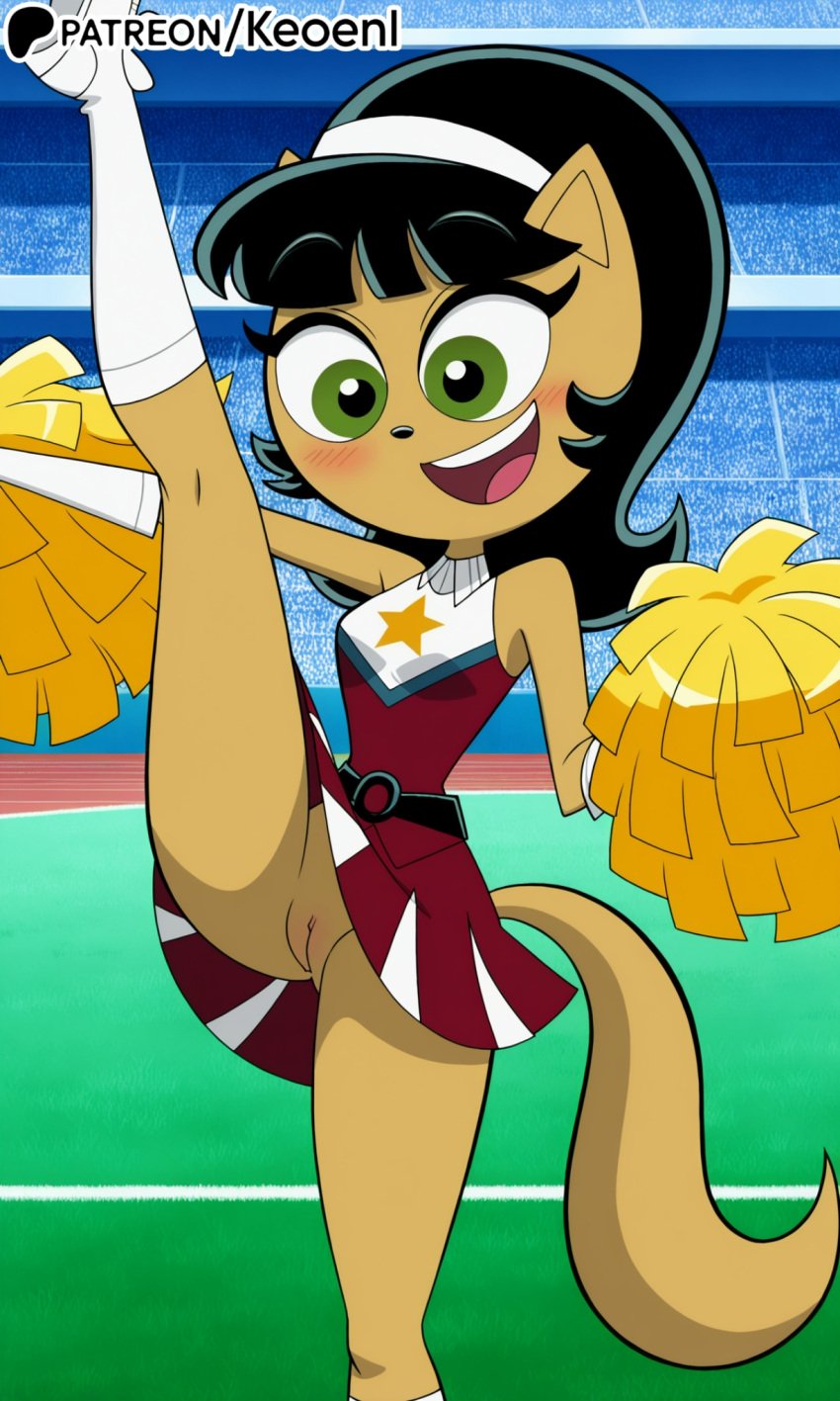 1furry 1girl 1girl accurate_art_style ai_generated anthro bangs big_breasts blush bottomless_female bottomless_skirt breasts cat_ears cat_girl cat_tail catgirl cheerleader cheerleader_uniform feline freckles furry green_eyes happy high_res hourglass_figure keoenl kitty_katswell legs_up medium_breasts nickelodeon nicktoons patreon pom_poms ponytail public public_nudity pussy pussy_lips pussy_peek skirt socks t.u.f.f._puppy tail teeth thick_thighs thin_waist waist wide_hips