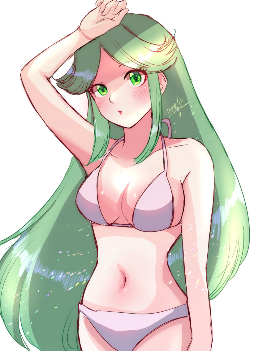 1girl 1girl 1girl alluring bare_shoulders belly big_breasts bikini blush breasts cleavage clothed clothes clothing eyebrows_visible_through_hair female_only green_eyes green_hair human human_only humanoid kid_icarus light-skinned_female light_skin lips lipstick long_hair looking_at_viewer navel nintendo nonoworks palutena solo_female swimsuit thick thick_hips thick_thighs very_long_hair wide_hips