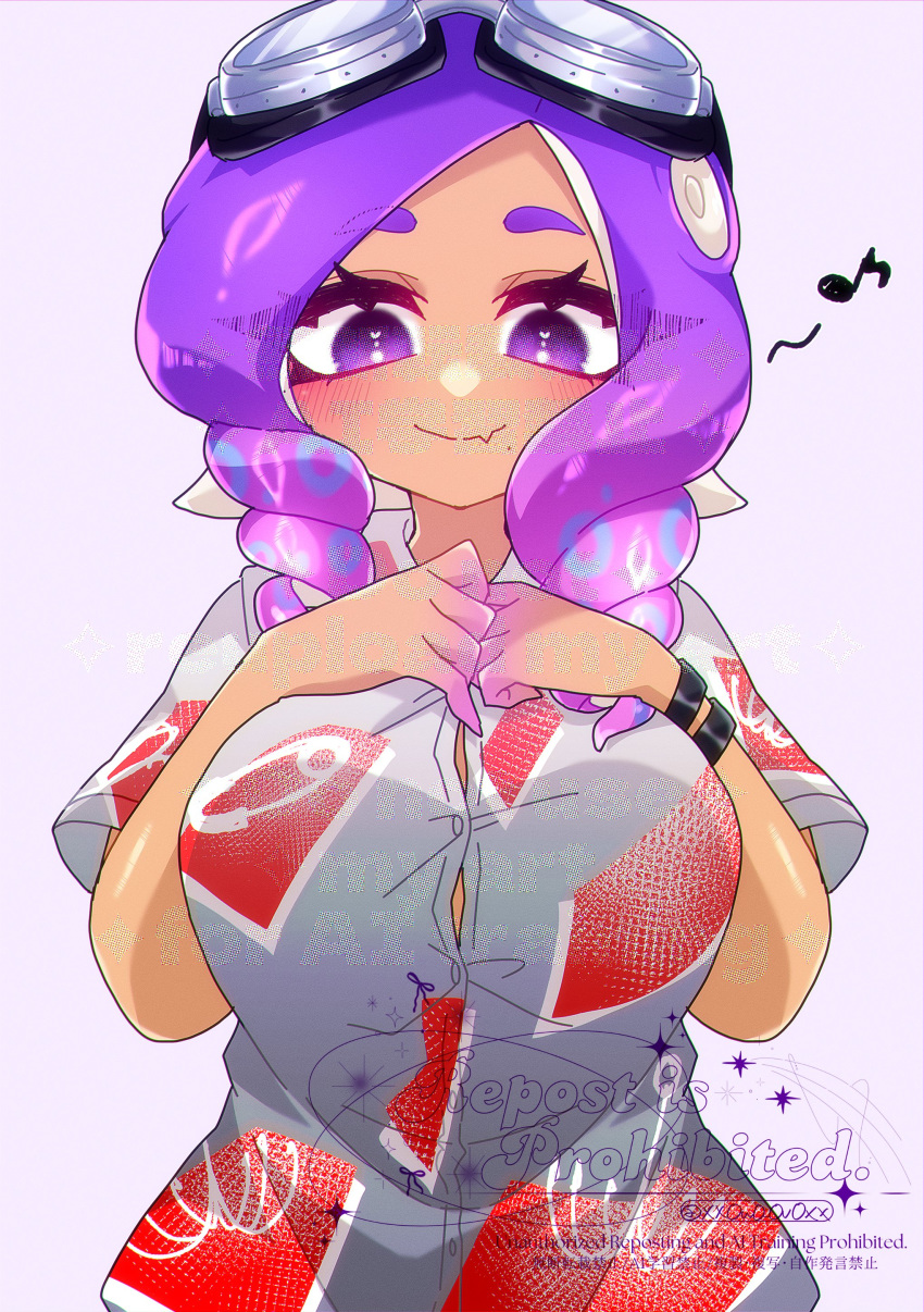 1girl 1girl 1girl big_breasts breasts button_gap curly_hair goggles goggles_on_head looking_at_viewer miiinatochanowo nintendo octoling octoling_girl purple_hair retro_(octoling) splatoon splatoon_3 tentacle_hair