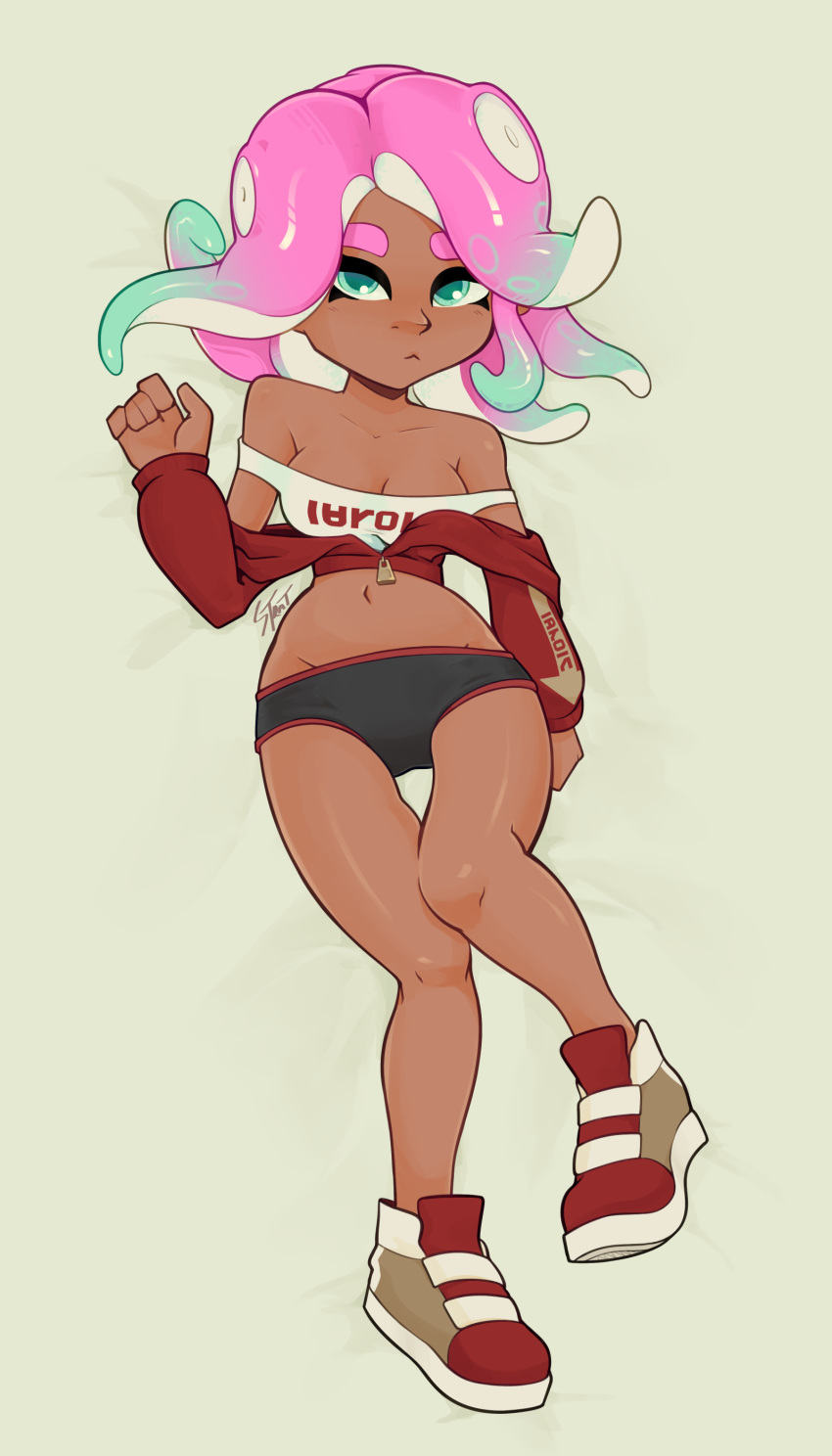 1girl 1girl 1girls bare_shoulders big_breasts breasts cleavage dolphin_shorts looking_at_viewer navel nintendo shell_(retrogamerwren) shorts splatoon stracciatella strap_slip tentacle_hair thighs