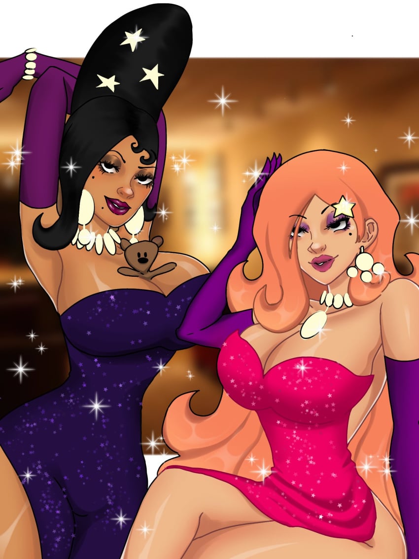 1girl 2_girls 2d 2d_(artwork) armpit big_breasts big_breasts black_hair breasts dress female_only giant_breasts gloves huge_breasts leofaleaf_(artist) long_gloves mr._bean:_the_animated_series mr._bean_(series) multiple_girls pink_hair roxy_(mr._bean) sleeveless_dress tagme teddy_bear the_female_celebrity