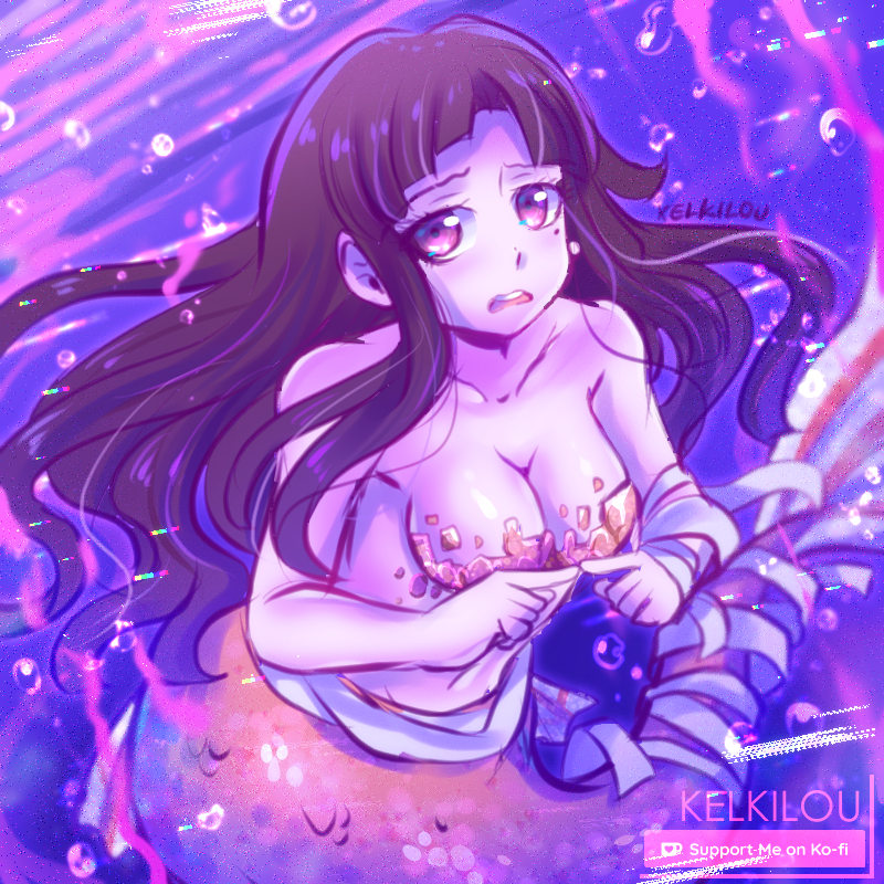 1girl after_transformation bandage breasts danganronpa danganronpa_2:_goodbye_despair embarrassed female female_only kelkilou merfolk mermaid mermaid_girl mermaid_tail mermaid_transformation monster_girl nervous post-transformation scales solo straight_hair tail transformation tsumiki_mikan underwater water