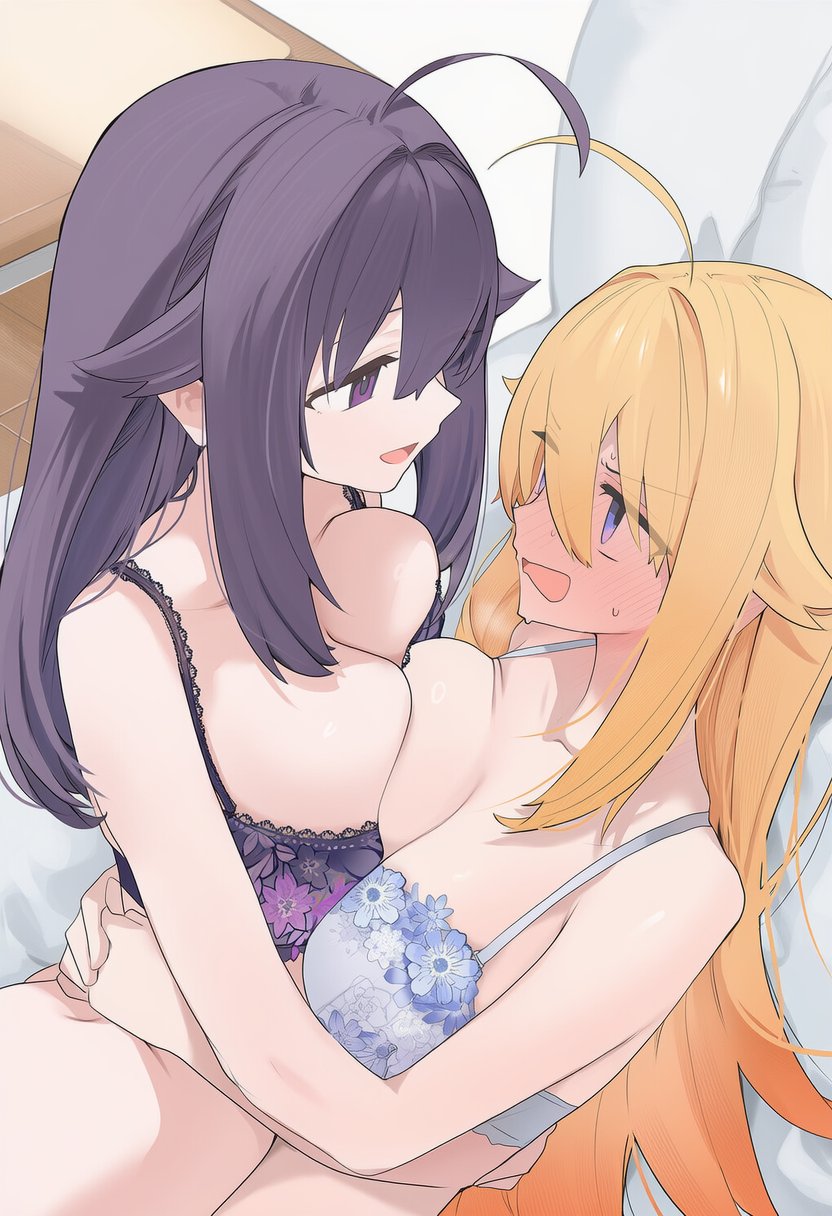 2_girls ai_generated big_breasts blonde_hair blush bra breasts embarrassed embarrassed_expression hugging incest koshi_anko koshi_torako long_hair shikanoko_nokonoko_koshitantan sisters sweat sweatdrop ud31665690 underwear yuri