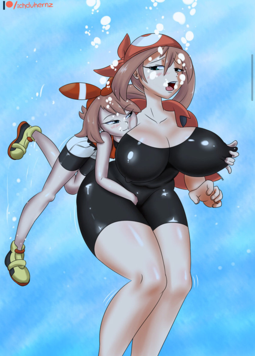 2girls alternate_breast_size alternative_universe areola big_breasts bike_shorts blue blush breast_grab breasts brown_hair clothed eyelashes eyes female female_only game_freak gloves green_eyes half-closed_eyes huge_breasts human human_only ichduhernz may_(pokemon) may_(pokemon_oras) may_(pokemon_rs) motion_lines mouth nintendo nipple_tweak nipples open pokemon pokemon_oras pokemon_rse pokemon_trainer pokies selfcest shirt shoes size_difference smaller_dominant smile teeth thick thighs tongue underwater water wide_hips yuri