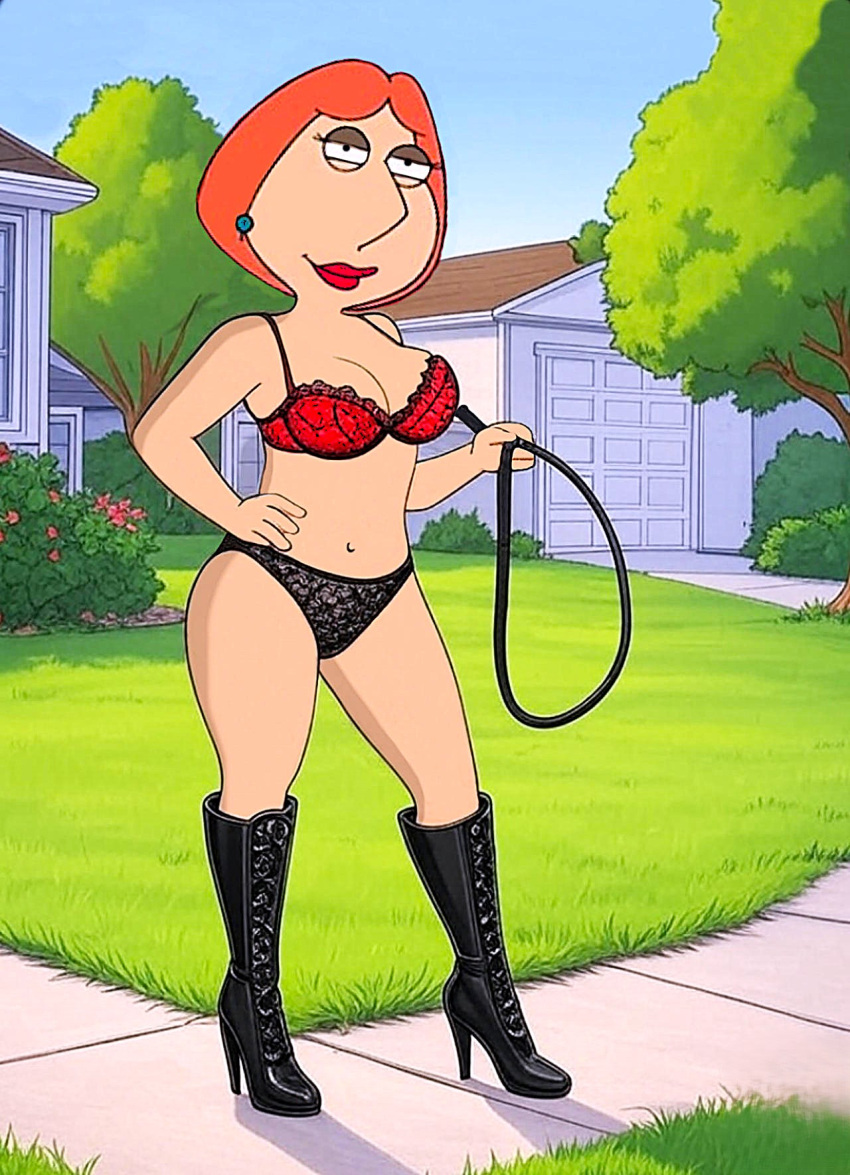 boots bra breasts dominatrix family_guy lois_griffin looking_at_viewer panties thighs whip