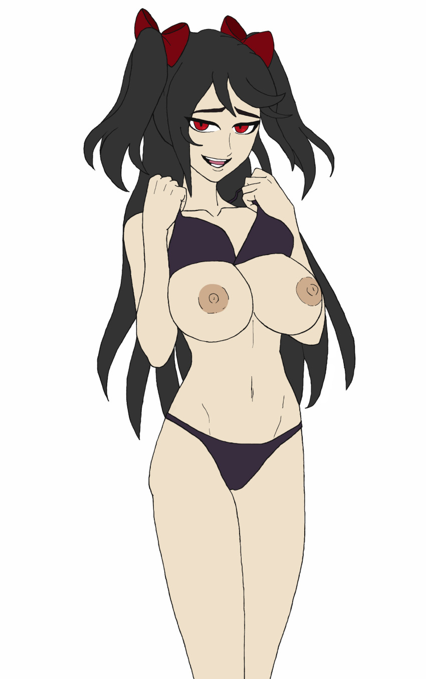 1girl 1girls artist_request aurora_(pokemon) aurora_(pokemon_desolation) big_breasts bikini black_hair breasts breasts_out female_only first_porn_of_character hair_ribbon nipples nude nude_female panties pigtails pokemon pokemon_desolation pokemon_fangame pussy_visible_through_clothes pussy_visible_through_panties red_hair removing_bra ribbon ribbons showing_breasts