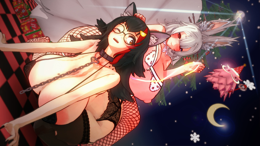 1girl 2_girls 3d breasts christmas christmas_tree curvaceous curvy curvy_figure fangs fox fox_ears fox_girl fox_tail fox_tails gigantic_breasts hololive hololive_gamers hololive_japan huge_ass huge_breasts koikatsu leash leash_pull lingerie milf multi_tail nijisanji nijisanji_en nina_kosaka nipples ookami_mio tagme tail tails virtual_youtuber wolf_ears wolf_girl yuri