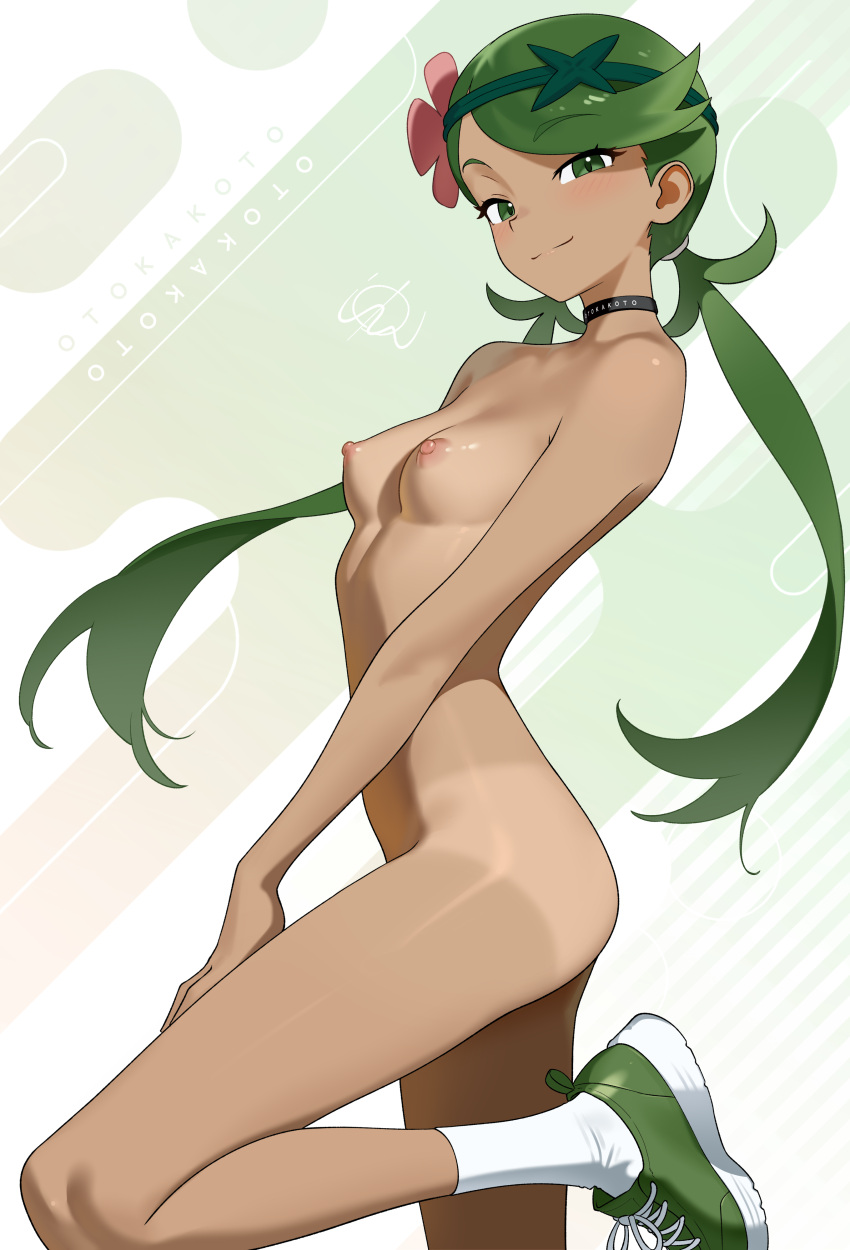 1girl absurd_res black_choker blush breasts choker closed_mouth collarbone commentary dark-skinned_female dark_skin english_commentary erect_nipples flower flower_in_hair from_side gradient_background green_eyes green_hair green_shoes hair_flower hair_ornament headband high_res long_hair looking_at_viewer low_twintails mallow_(pokemon) naked_shoes nipples nude nude_female otokakoto pink_nipples pokemon pokemon_sm shoes small_breasts smile socks tan tan_line twin_tails two-tone_background very_long_hair white_background white_socks