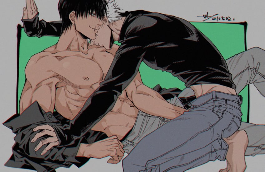 2boys abdomen body jujutsu_kaisen kinoko927513 male male_focus male_only muscle muscular muscular_male nipples nude satoru_gojo shirtless toji_fushiguro topless yaoi yaoi