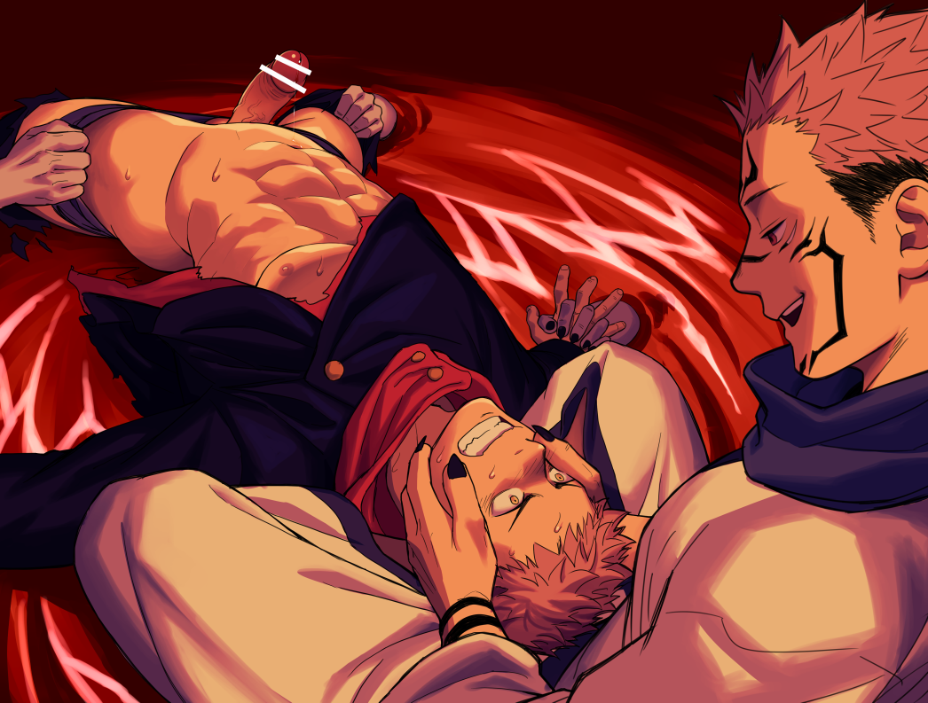 2boys abs ass assisted_exposure bar_censor bara being_undressed black_hair black_nails censored erection evil_smile eye_contact facial_mark fingernails forehead_mark hands_on_another's_face holding_hands interlocked_fingers itadori_yuuji jujutsu_kaisen lap_pillow looking_at_another male male/male male_focus male_only male_rape_victim multi_eye multicolored_hair multiple_boys muscle muscular muscular_male navel nipples nude open_clothes open_kimono pectorals pink_hair red_eyes restrained ryoumen_sukuna_(jujutsu_kaisen) sharp_fingernails shirt short_hair smile spiked_hair thighs torn_clothes torn_shirt twink two-tone_hair undercut undressing yaoi yaoi yellow_eyes