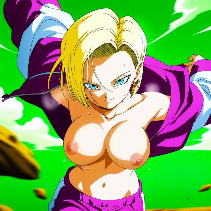 android_18 big_breasts blonde_hair blue_eyes dragon_ball_super jacket_removed lifting_clothing looking_at_viewer medium_hair nekom14 nipples no_bra