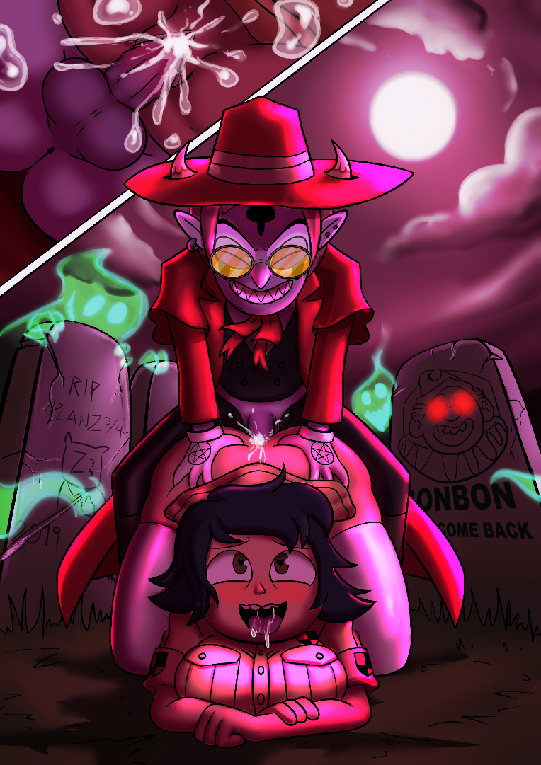 1boy 1boy1girl 1girl ahe_gao alternate_version alucard_(cosplay) ass_grab big_breasts biting_lip bottomless cemetery closed_eyes cosplay crossover_cosplay cum cum_in_pussy cum_inside dark_hair demon demon_horns disney disney_channel doggy_position drooling edit ghost glasses glowing_eyes grin halloween halloween_costume heart-shaped_pupils hellsing interspecies janna_ordonia male male/female moon night_sky orgasm outside partially_clothed penis planz34 pussy_juice_drip red_hair rough_sex seras_victoria_(cosplay) sex smooth_skin star_vs_the_forces_of_evil straight testicle tom_lucitor tombstone vaginal vaginal_penetration