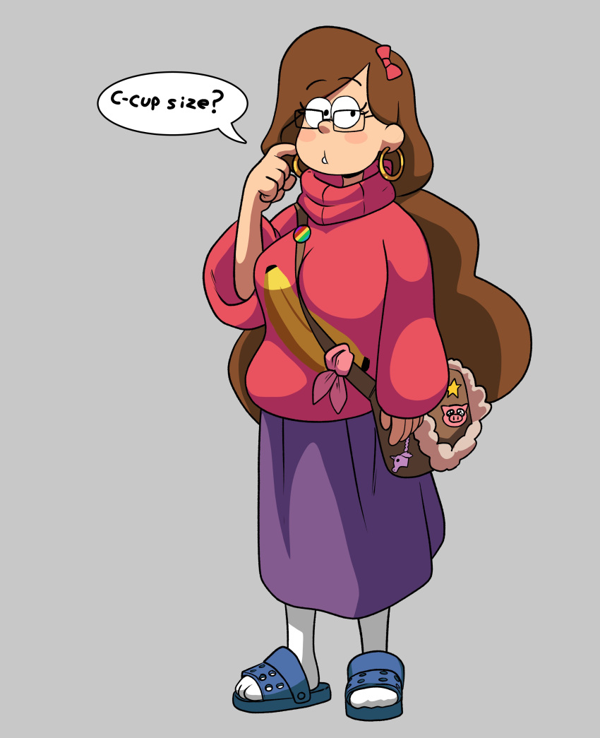 1girl 2d 2d_(artwork) 2d_artwork aged_up bag breasts brown_hair clueless confused confused_face confused_look crocs disney disney_xd drpizzaboi1 flip_flops full_body glasses gravity_falls hair inker_comics inkershike long_hair mabel_pines pink_sweater purple_dress sandals tagme white_socks