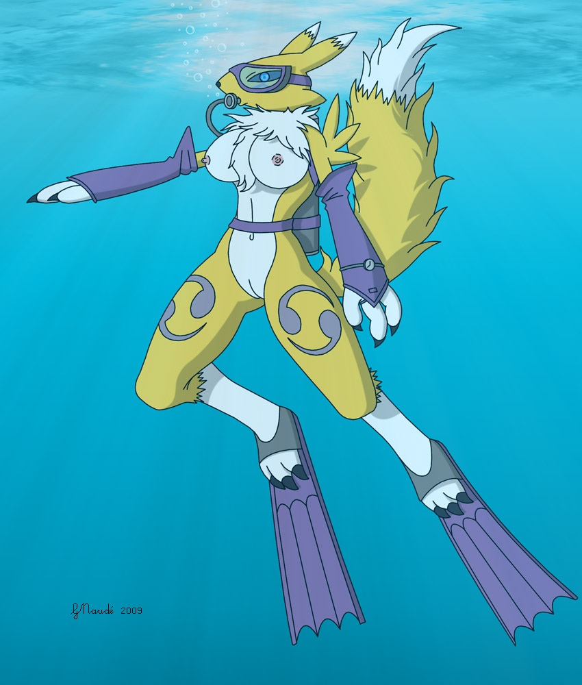 1girl 2009 3_fingers 3_toes anthro bandai_namco black_nose breasts bubble canine chest_tuft claws color digimon eyewear female female_only footwear fox fur furry_breasts furry_ears furry_tail goggles mammal nipples nude pointy_ears pussy raised_tail renamon scuba_gear solo strikersa swimming_fins tail underwater water white_fur yellow_fur
