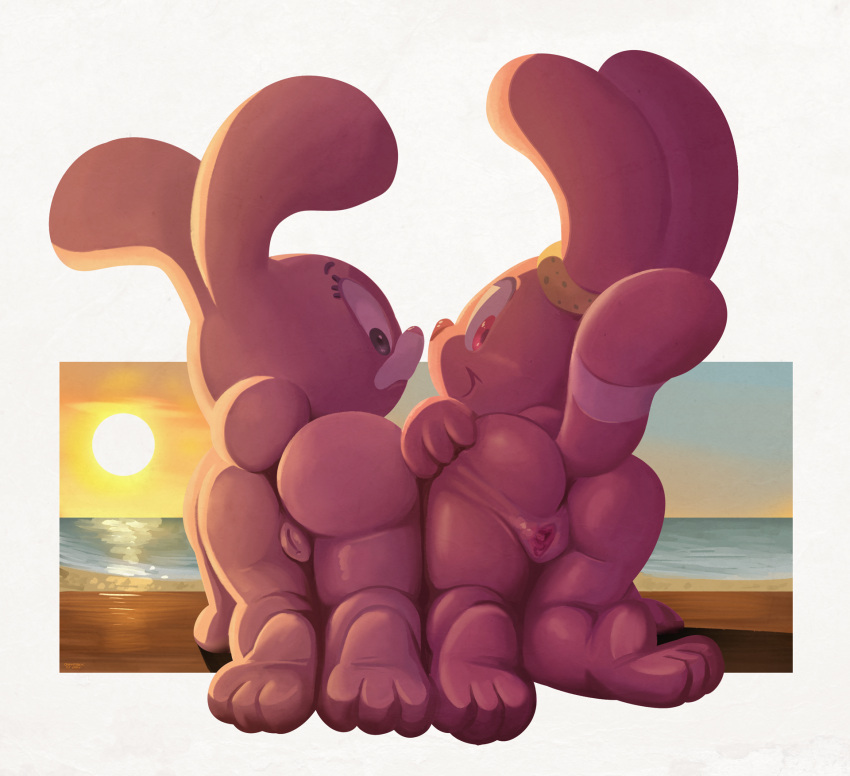 2girls all_fours anais_watterson anthro anus ass big_ass cartoon_network chowder_(series) crossover duo female genitals happy high_res holding_butt lagomorph leporid mammal nude onihidden panini panini_(chowder) pussy rabbit rear_view seductive spread_butt spread_pussy spreading tail the_amazing_world_of_gumball urethra young young_anthro