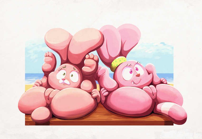 2girls anais_watterson anthro anus ass cartoon_network chowder_(series) crossover female genitals happy high_res lagomorph legs_back legs_up leporid lying mammal nude on_back onihidden panini panini_(chowder) pussy rabbit spread_legs spreading tail the_amazing_world_of_gumball young young_anthro