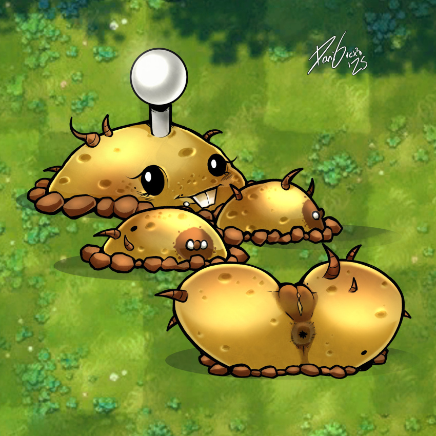 antennae_(anatomy) anus ass ass_focus big_breasts black_sclera blush brown_nipples buried character_request dgrex2n erect_nipples grass ground light_blush looking_at_viewer mole_on_breast nipples piercing plant plant_girl plants_vs_zombies potato_mine potato_mine_(pvz) pussy roots signature teeth_showing