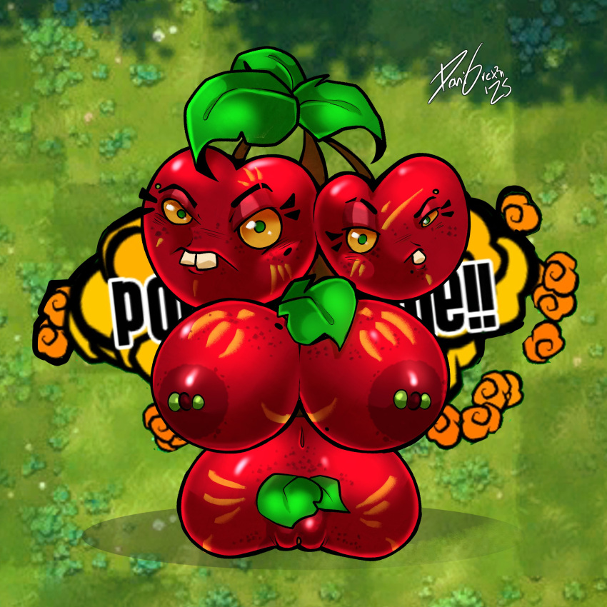 big_breasts breasts cherry cherry_bomb_(pvz) colored_skin dgrex2n erect_nipples freckles freckles_on_body freckles_on_breasts freckles_on_face freckles_on_shoulders fruit fruit_humanoid grass green_eyes ground leaf_hair looking_at_viewer marks_on_body multiple_girls navel nipple_piercing nipples piercing plant plant_girl plants_vs_zombies pubic_hair pussy red_skin spread_legs teeth